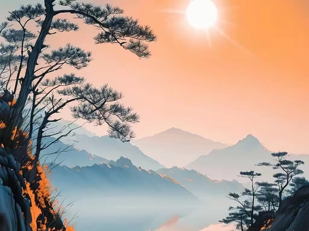 云起时，山水如画。日落前，夕阳晚霞!